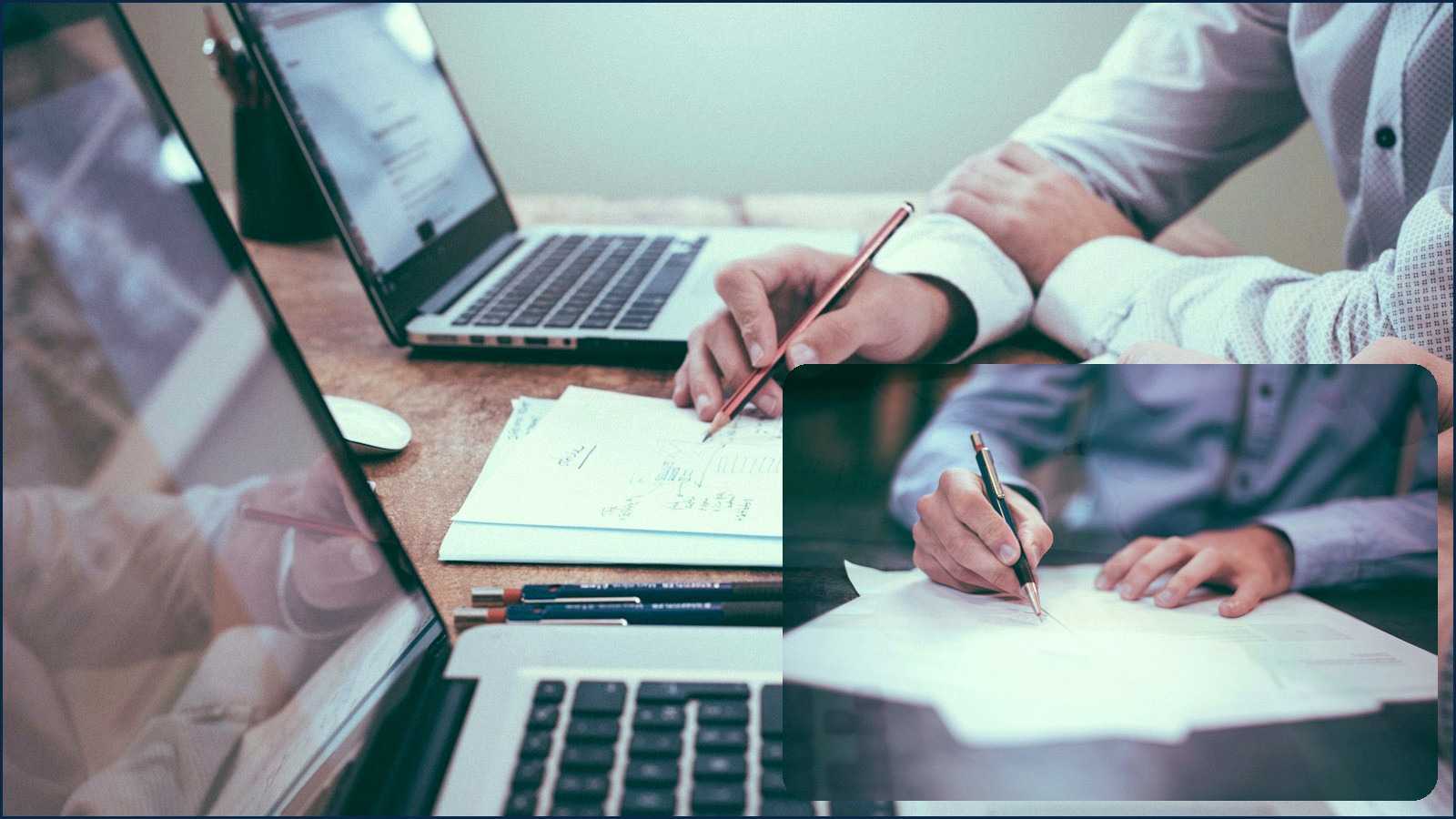Hands reviewing title paperwork and signing documents on a desk — the title job starts with the paper trail.